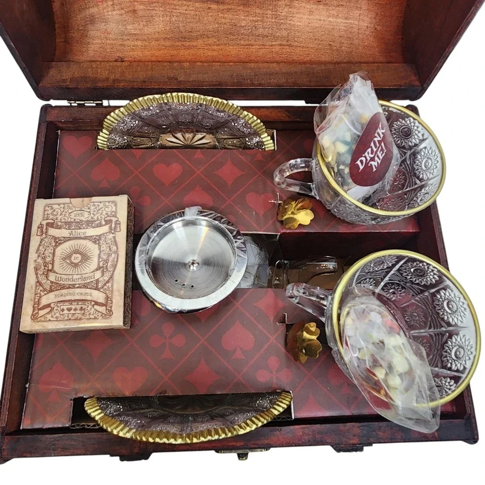 Alice In Wonderland Tea Set We're All Mad Here Glass Teapot Cups Wood Chest Box